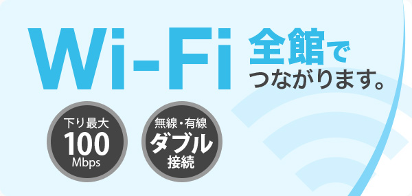 WI-FI 全館でつながります。下り最大100Mbps 無線・有線ダブル接続